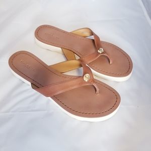 Coach brown leather buckle flip flop sandals